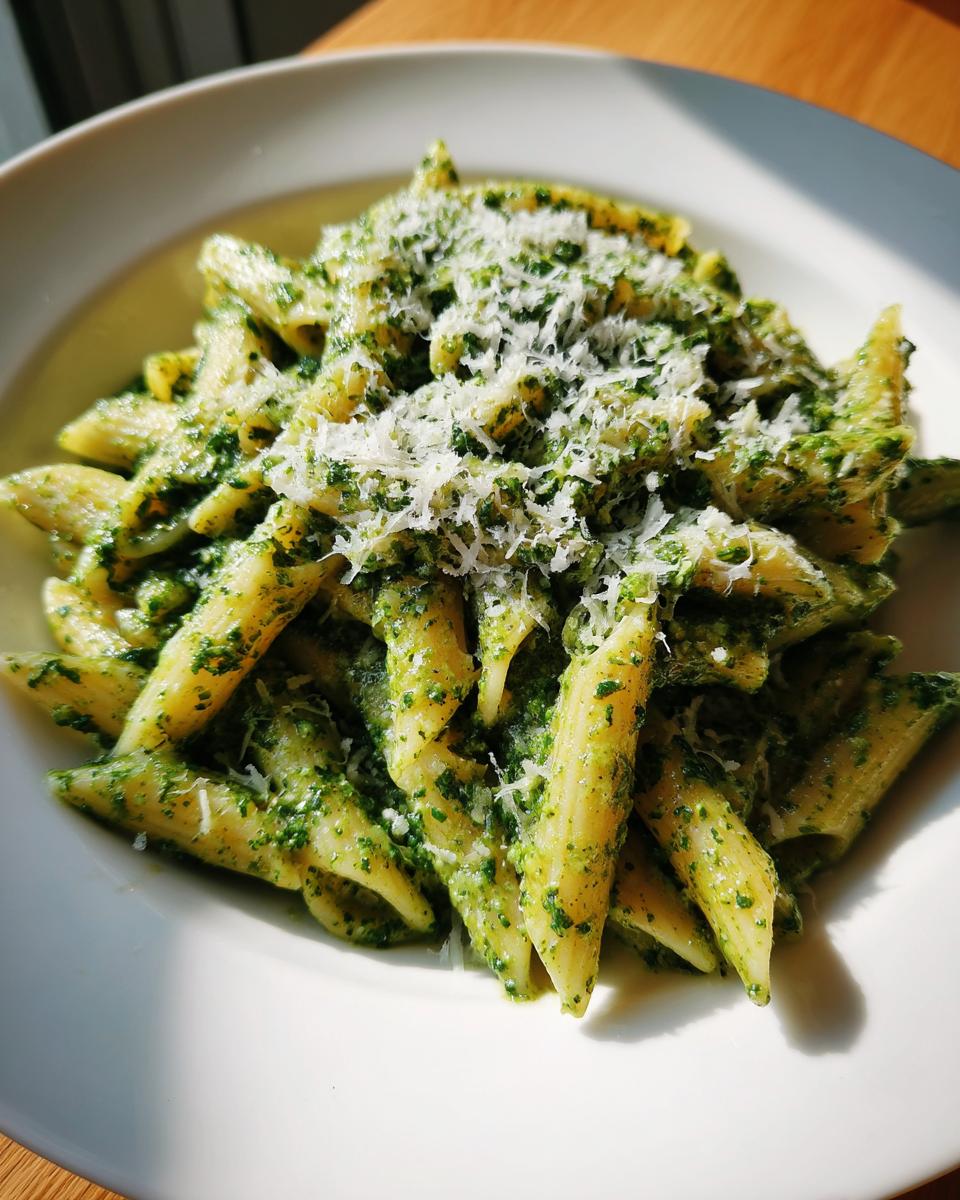 Close-up of creamy pesto pasta made with penne, topped generously with grated Parmesan cheese.