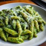 Close-up of creamy pesto pasta made with penne, generously coated in green pesto and topped with grated Parmesan cheese.