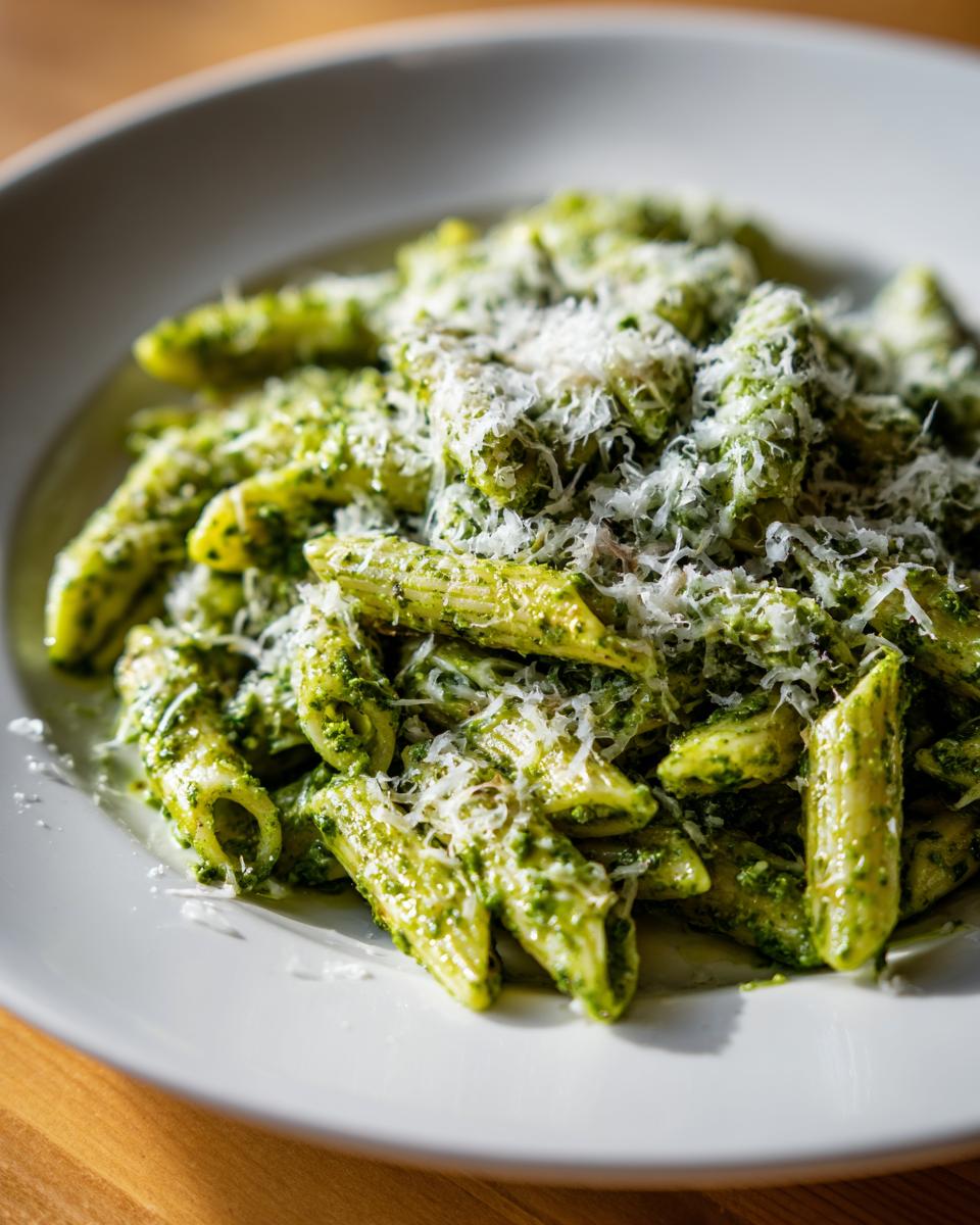 Close-up of creamy pesto pasta (penne) generously topped with freshly grated Parmesan cheese.
