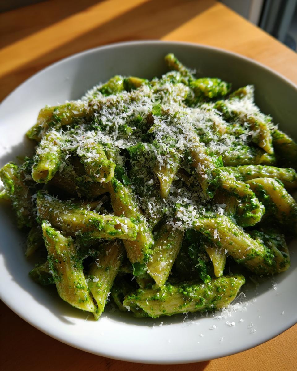 Close-up of creamy pesto pasta tossed with penne and topped generously with grated Parmesan cheese.