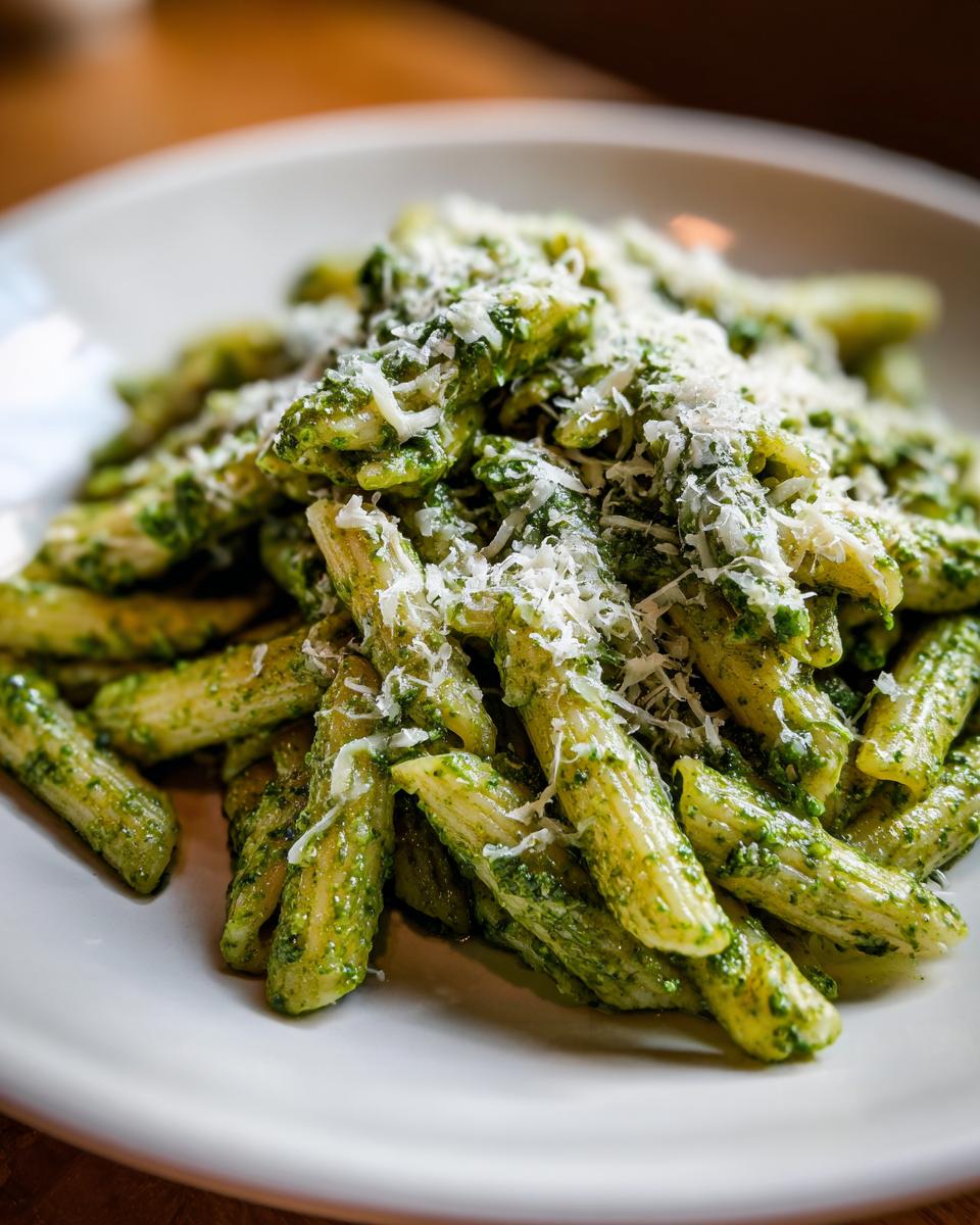 Close-up of creamy pesto pasta (penne) generously topped with freshly grated Parmesan cheese.
