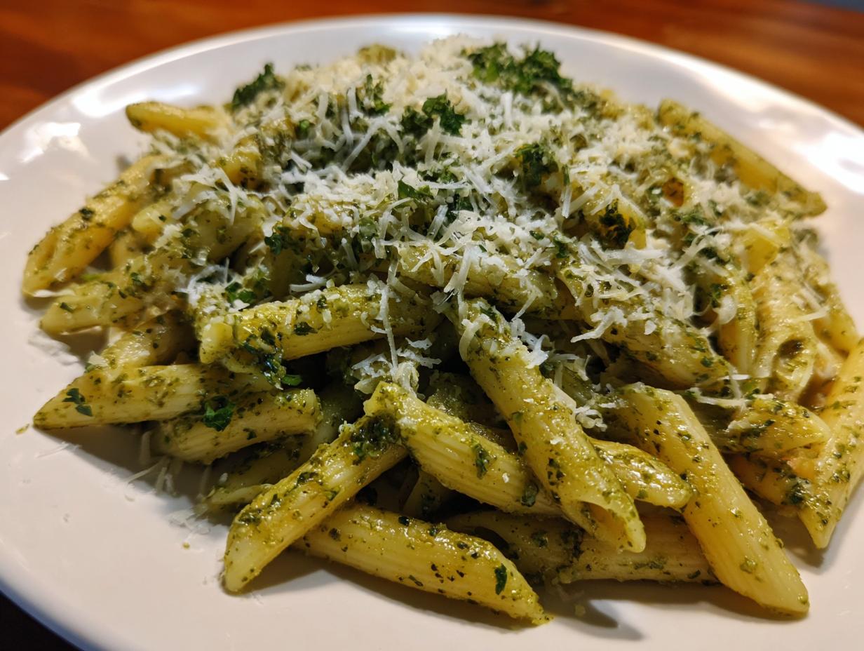 Close-up of creamy pesto pasta (penne) generously topped with grated Parmesan cheese and fresh parsley.