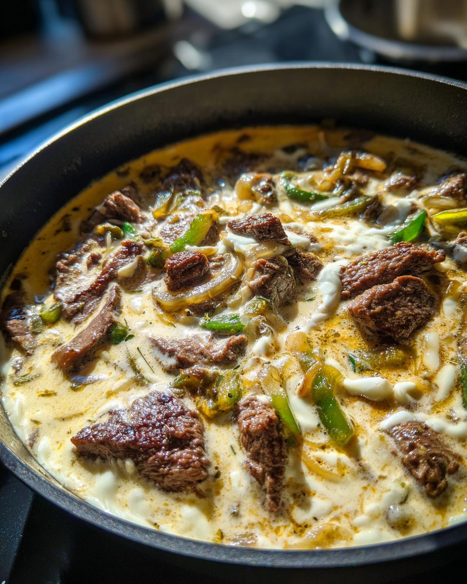 Close-up of rich, creamy philly cheese steak soup simmering in a dark skillet with chunks of steak, peppers, and onions.