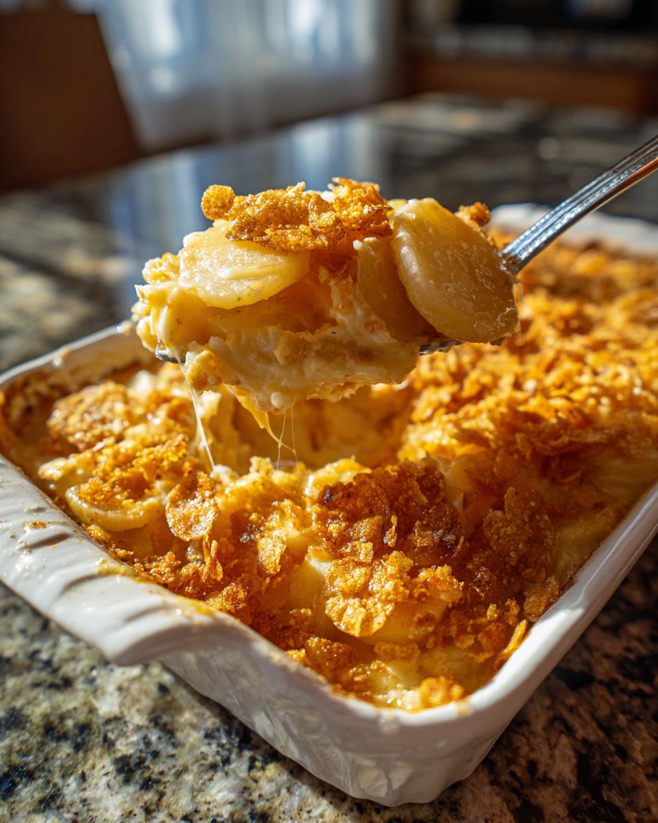 A spoonful of creamy potato casserole with melted cheese being lifted from a white baking dish.