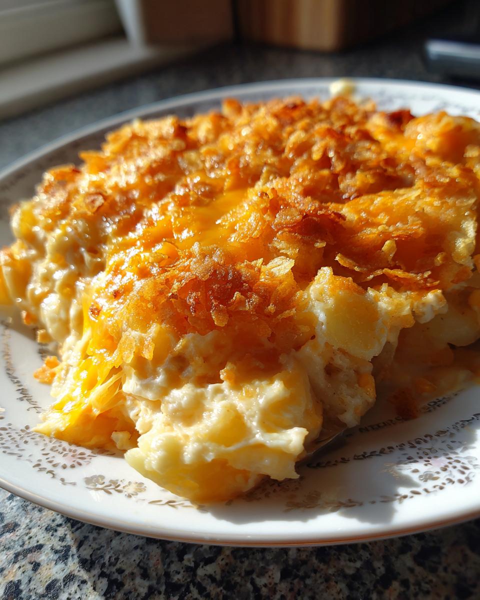 A close-up serving of creamy potato casserole topped with melted cheddar cheese and crunchy golden flakes.