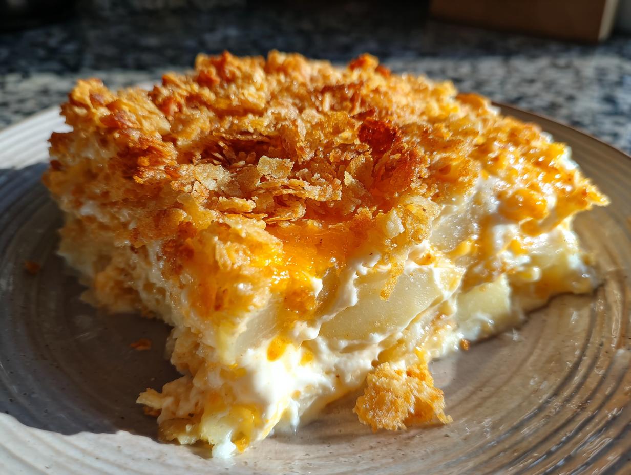 A close-up serving of creamy potato casserole featuring layers of soft potatoes, cheesy sauce, and a golden, crunchy topping.