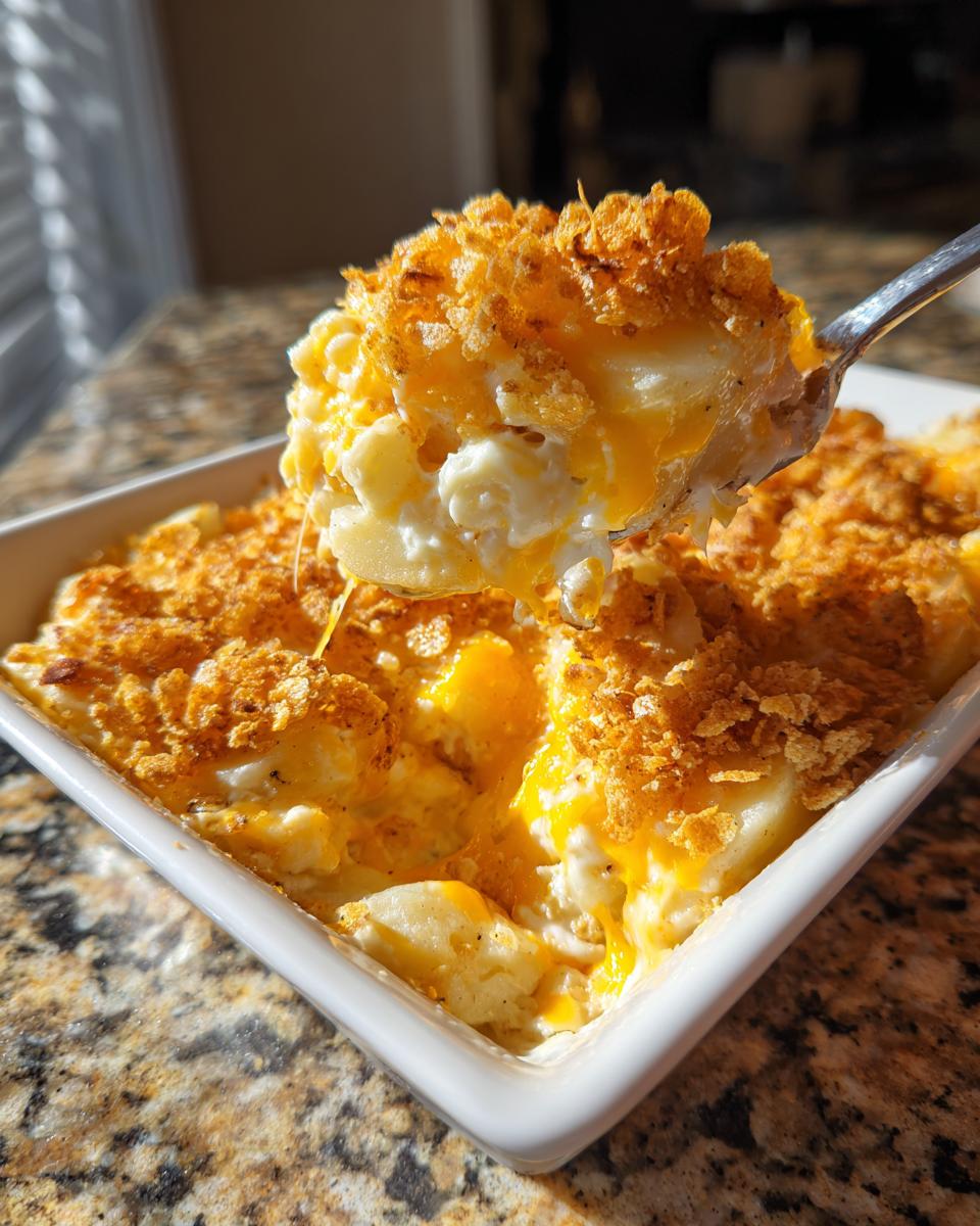A spoonful of creamy potato casserole, topped with crunchy golden flakes, being lifted from a white baking dish.