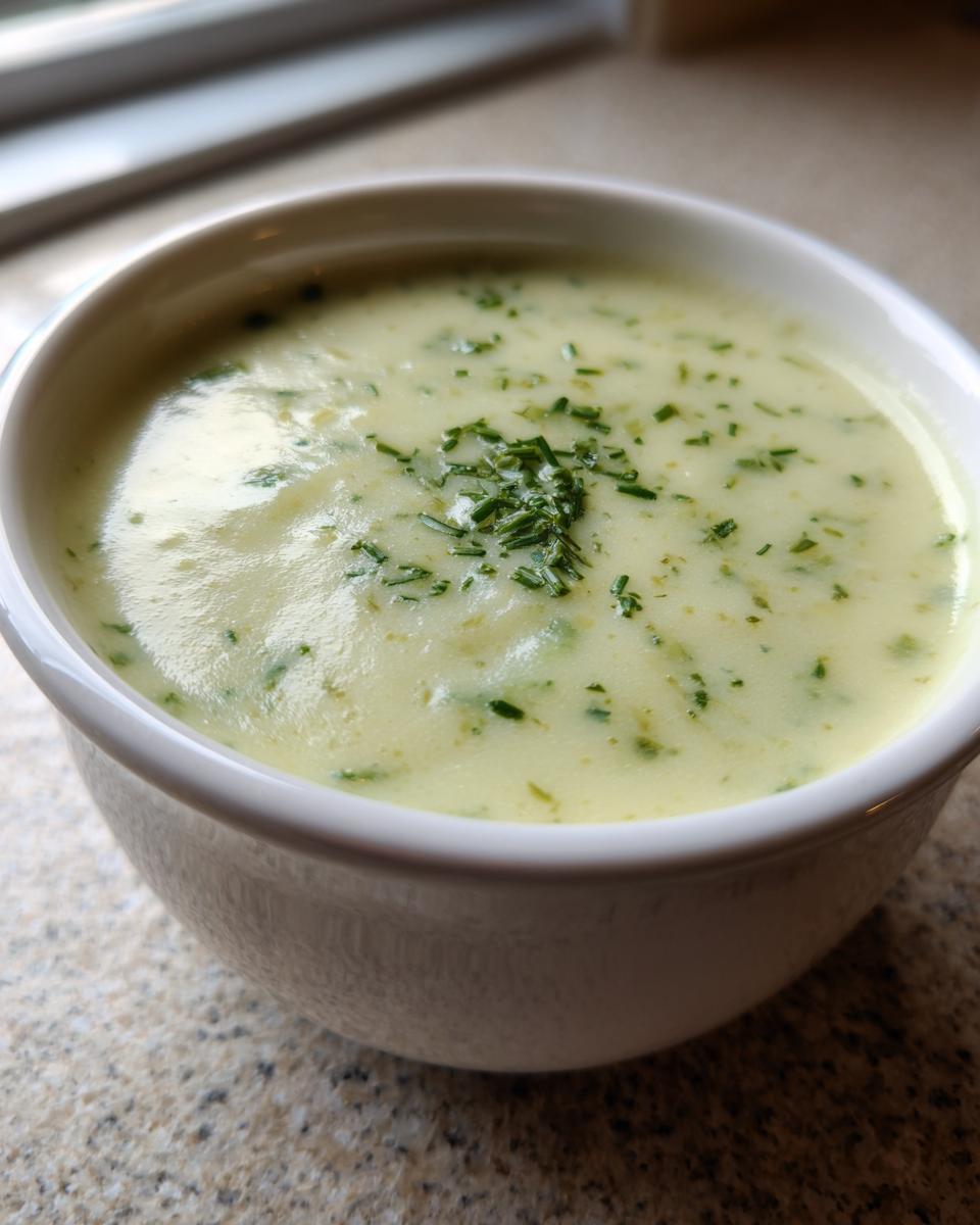 A close-up of creamy potato leek soup in a white bowl, topped with fresh chopped chives.