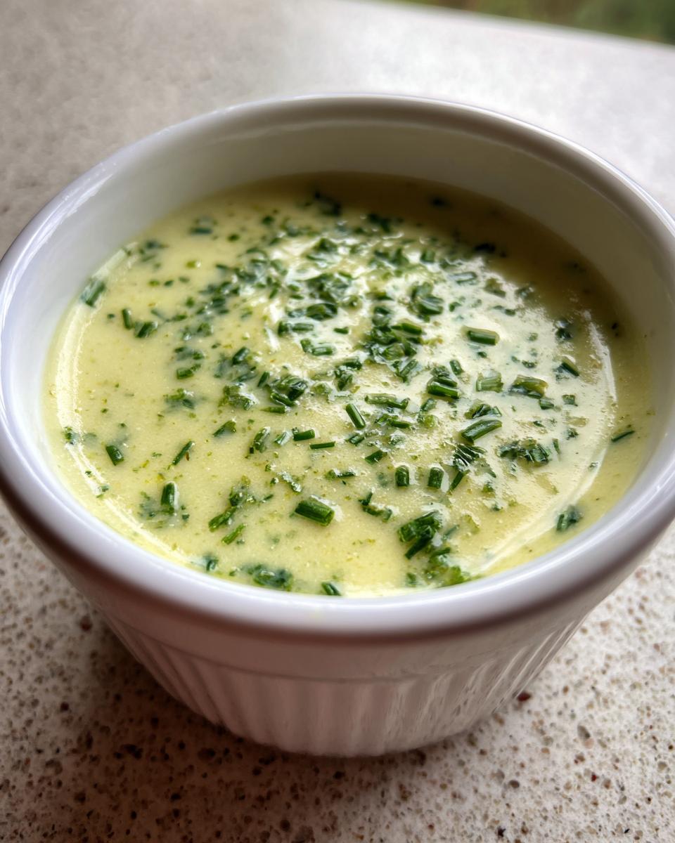 Close-up of creamy potato leek soup served in a white ramekin, garnished generously with fresh chopped chives.