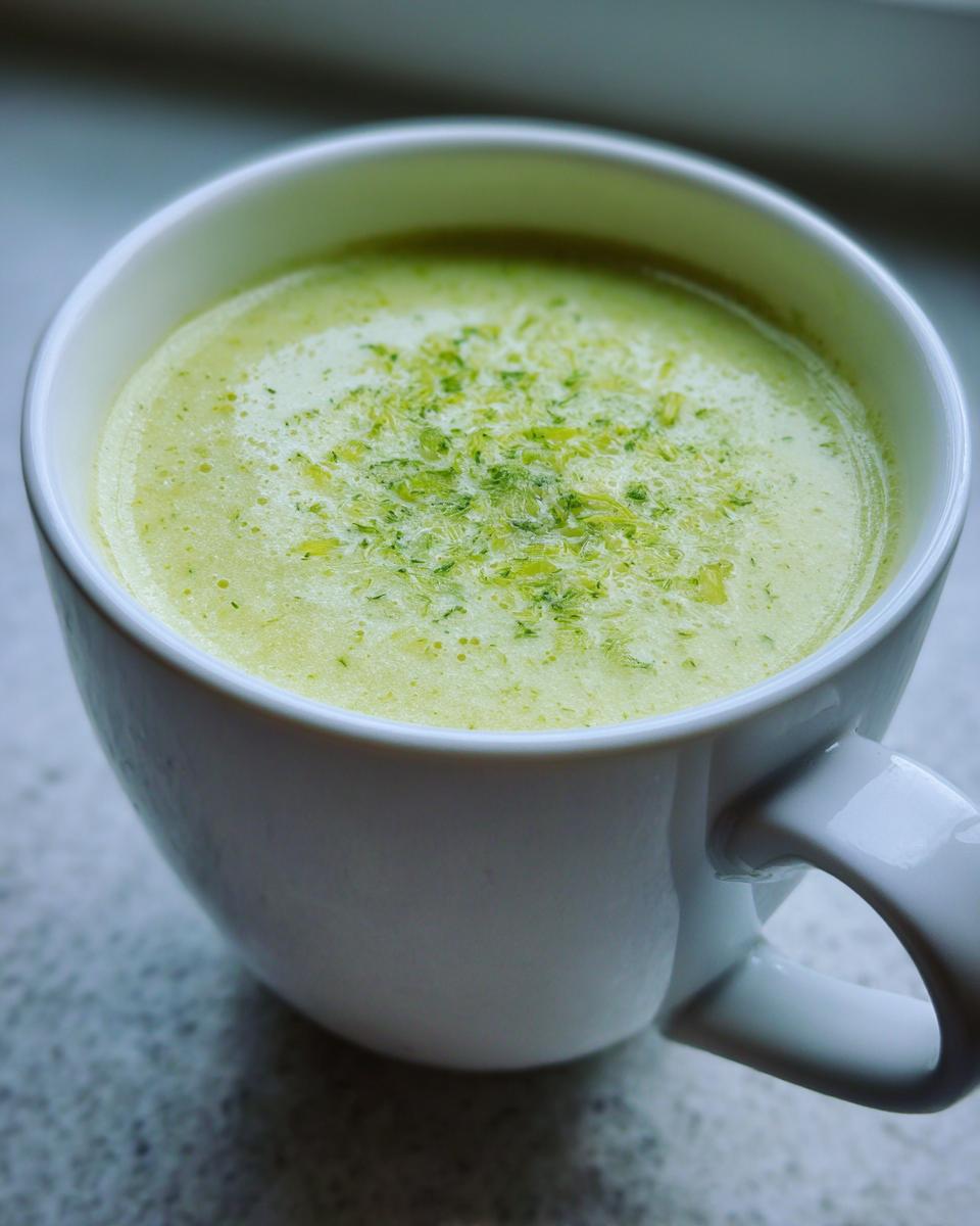 A close-up of creamy potato leek soup garnished with finely chopped green herbs in a white mug.