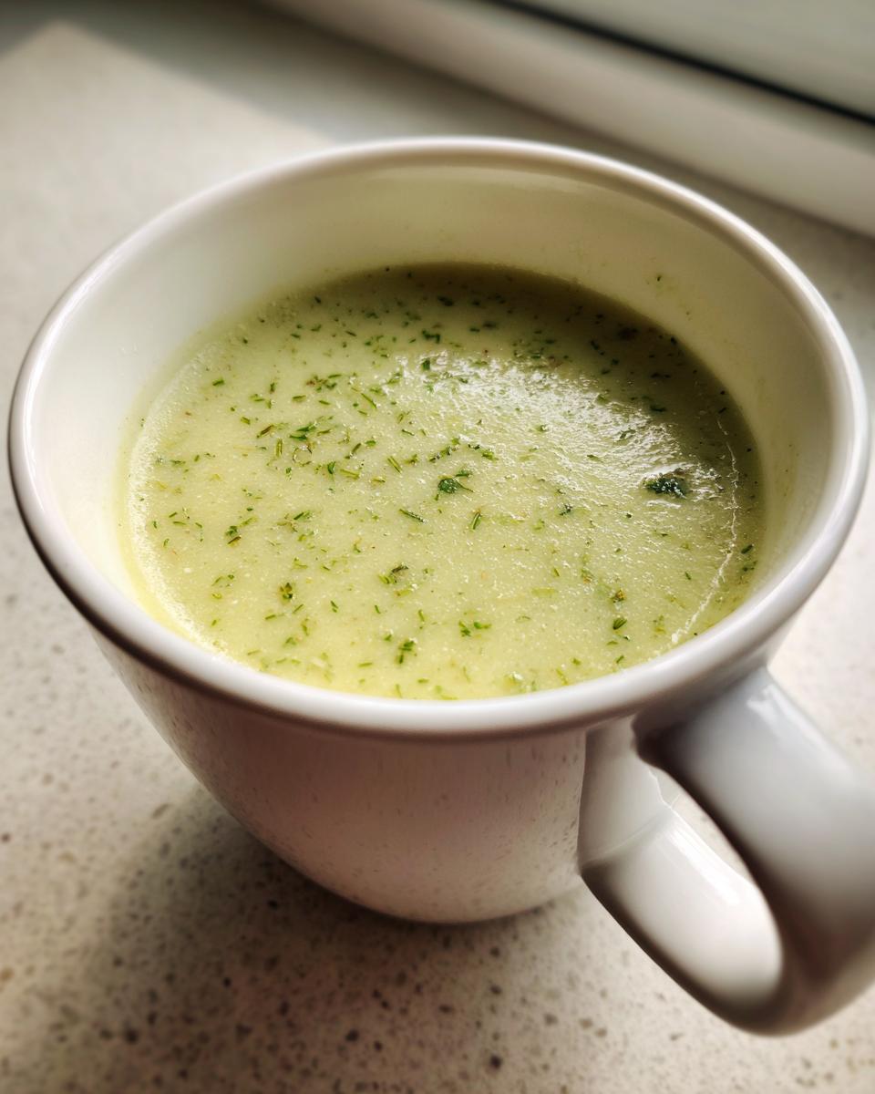 Close-up of creamy potato leek soup garnished with green herbs in a white mug.