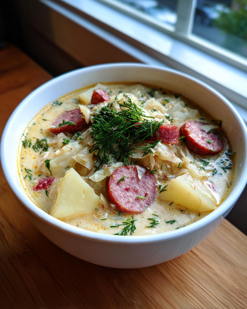 A close-up of a white bowl filled with creamy sauerkraut soup, featuring slices of smoked sausage, potato chunks, and fresh dill garnish.