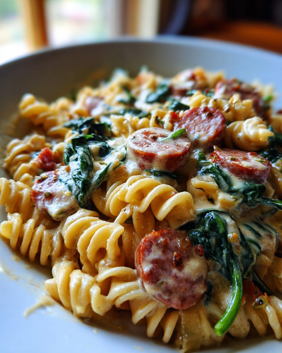 Close-up of creamy sausage pasta featuring fusilli noodles, sliced smoked sausage, and wilted spinach in a rich sauce.