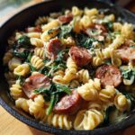 Close-up of creamy sausage pasta featuring rotini, sliced smoked sausage, and wilted spinach in a dark skillet.