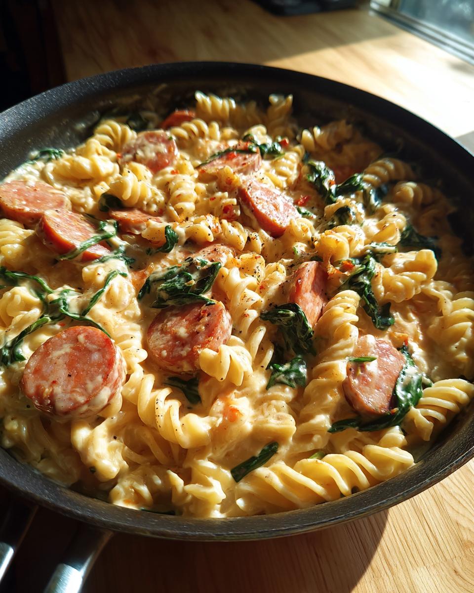 A skillet filled with creamy sausage pasta featuring rotini noodles, sliced sausage, and wilted spinach.