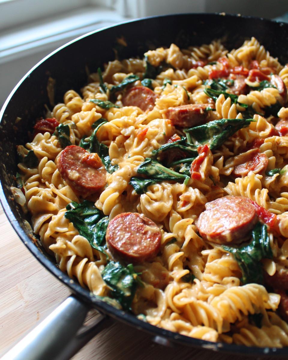 Close-up of creamy sausage pasta made with rotini, sliced sausage, and wilted spinach in a black skillet.