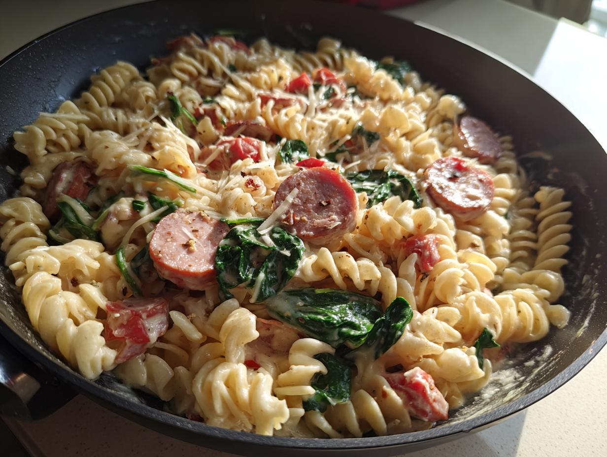 Close-up of creamy sausage pasta made with fusilli, sliced sausage, spinach, and grated cheese in a dark skillet.