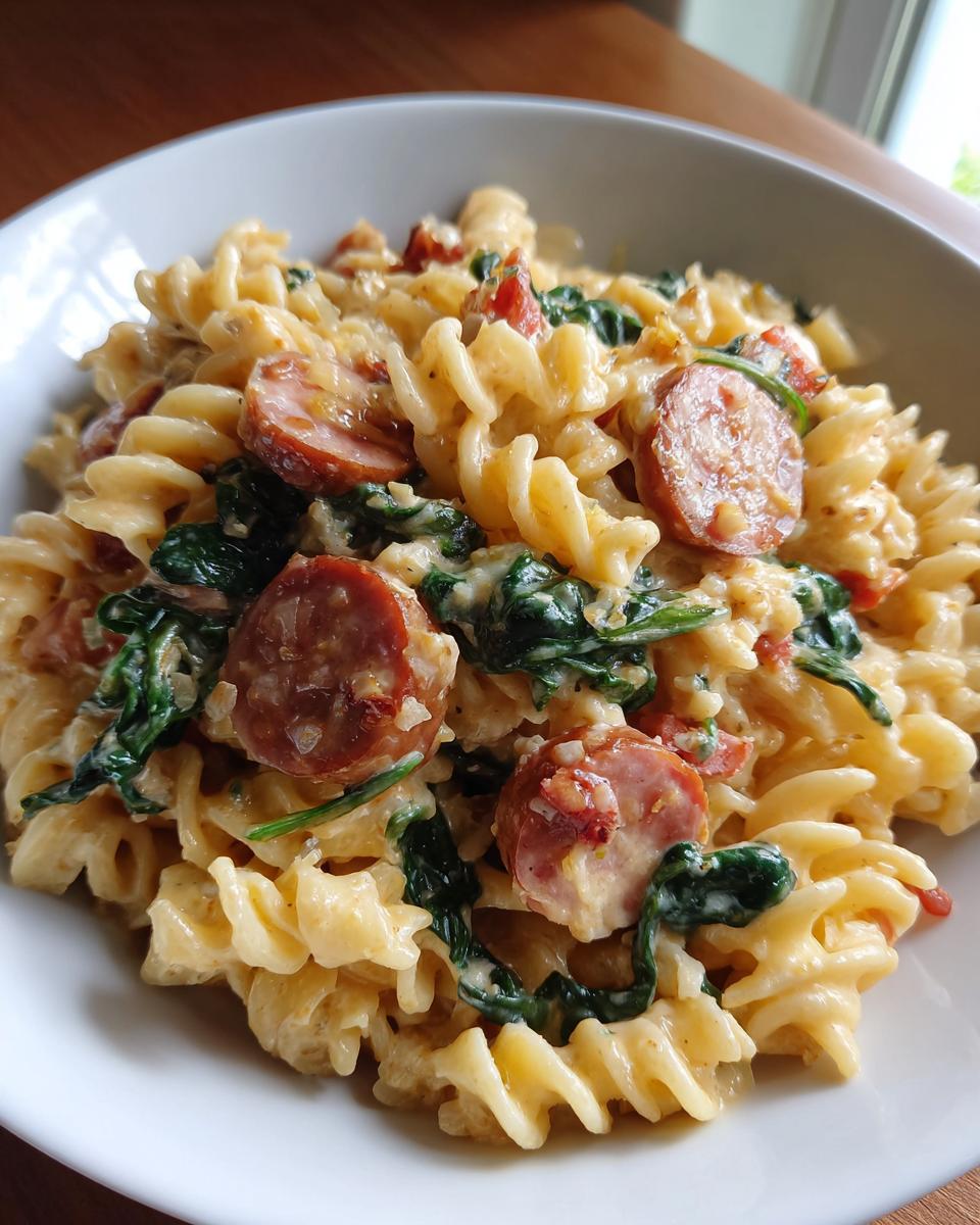Close-up of creamy sausage pasta featuring fusilli, sliced smoked sausage, and wilted spinach in a white bowl.
