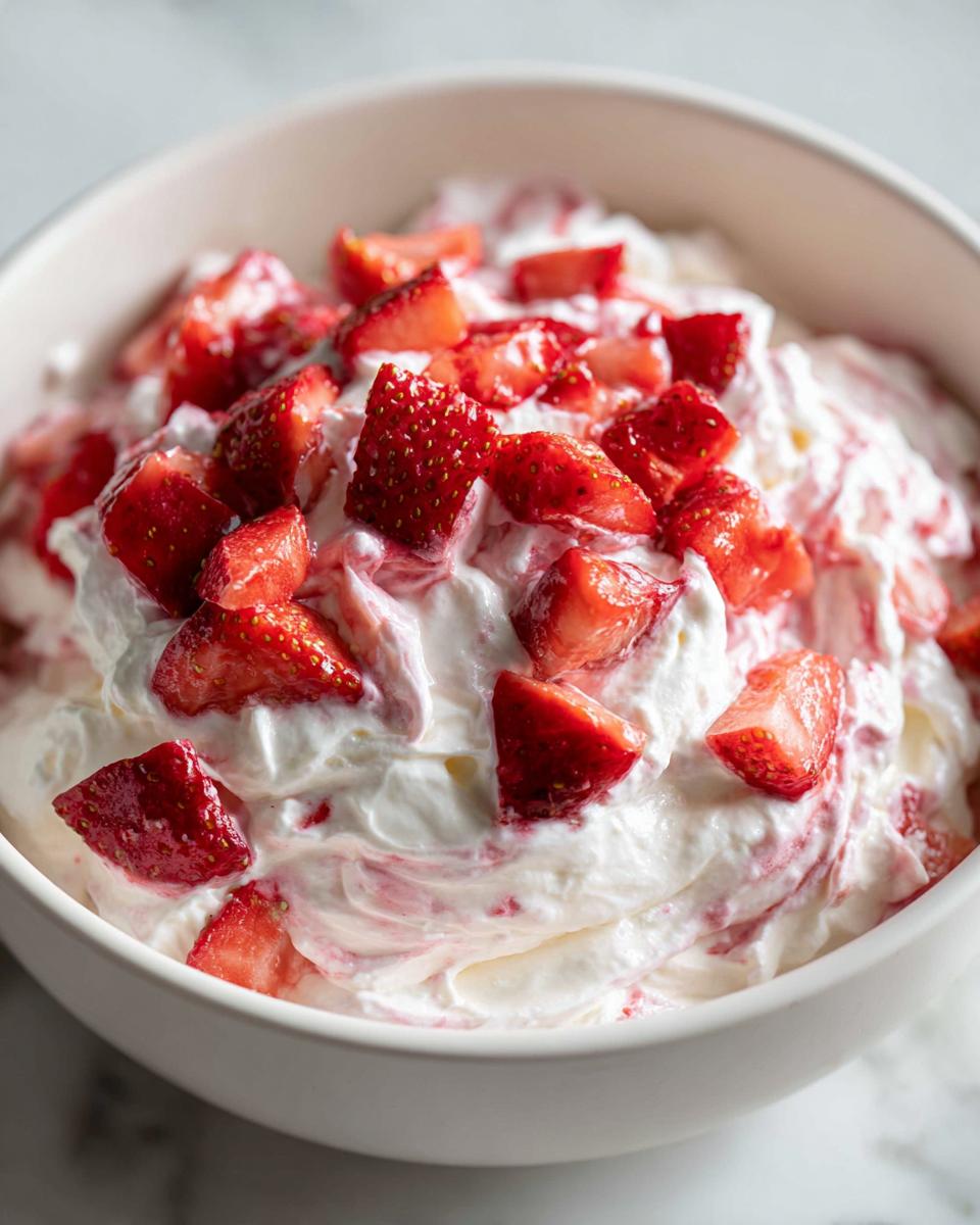 A close-up view of creamy, white strawberry cheesecake dip topped generously with fresh, chopped strawberries.
