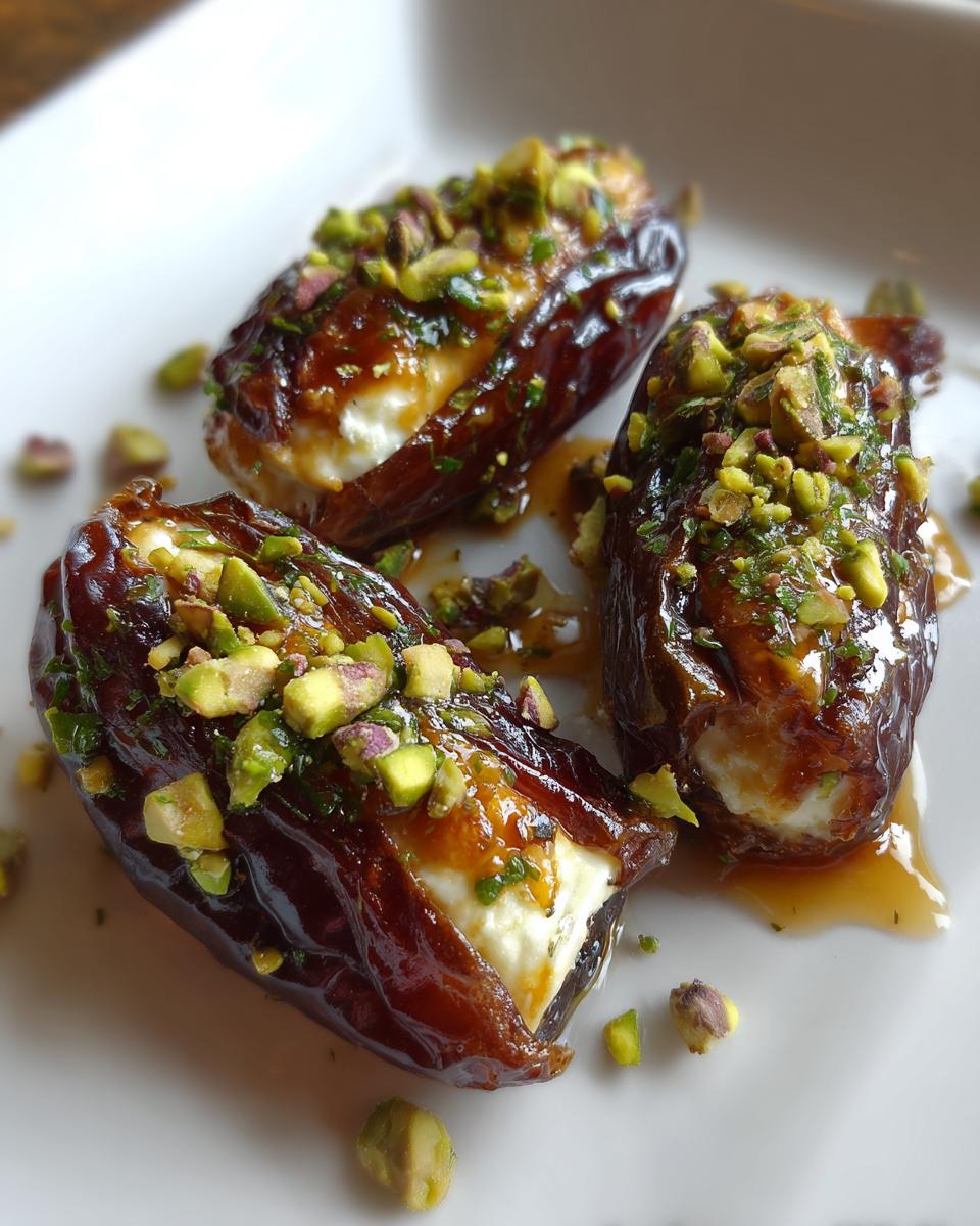 Three glossy, dark brown stuffed dates filled with white cheese, drizzled with syrup, and topped with chopped pistachios.