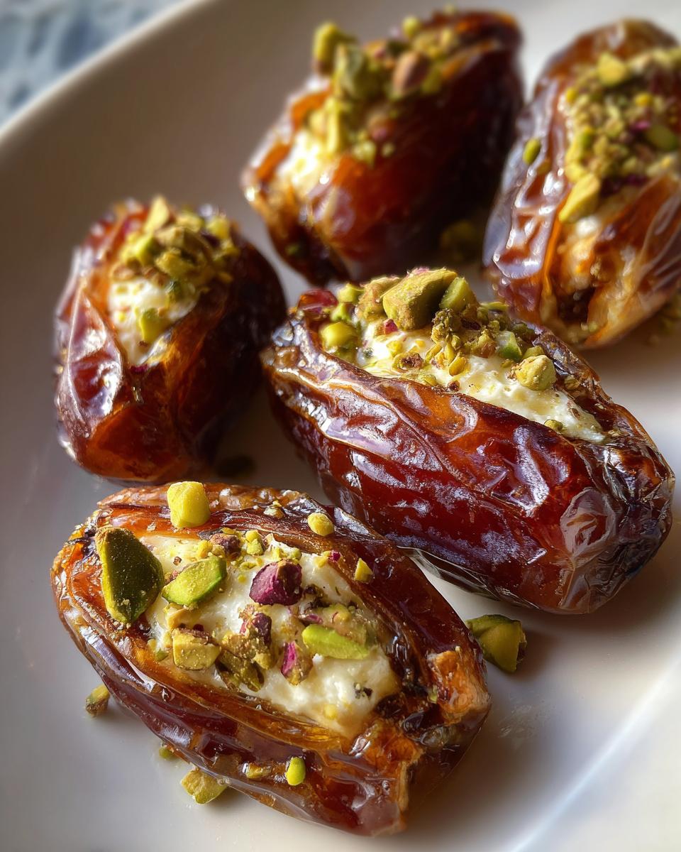 Four glossy stuffed dates filled with white cream cheese and topped generously with chopped green and purple pistachios.