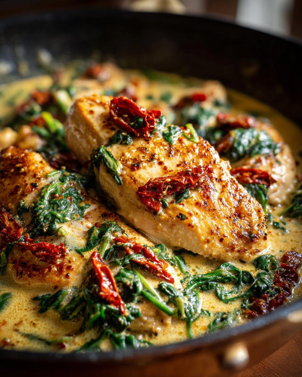 Close-up of seared chicken breasts covered in a rich, creamy sauce with spinach and sun-dried tomatoes, featuring creamy tuscan chicken.