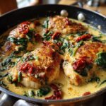 Close-up of pan-seared chicken breasts simmering in a rich, creamy Tuscan sauce with spinach and sun-dried tomatoes, the perfect creamy tuscan chicken.
