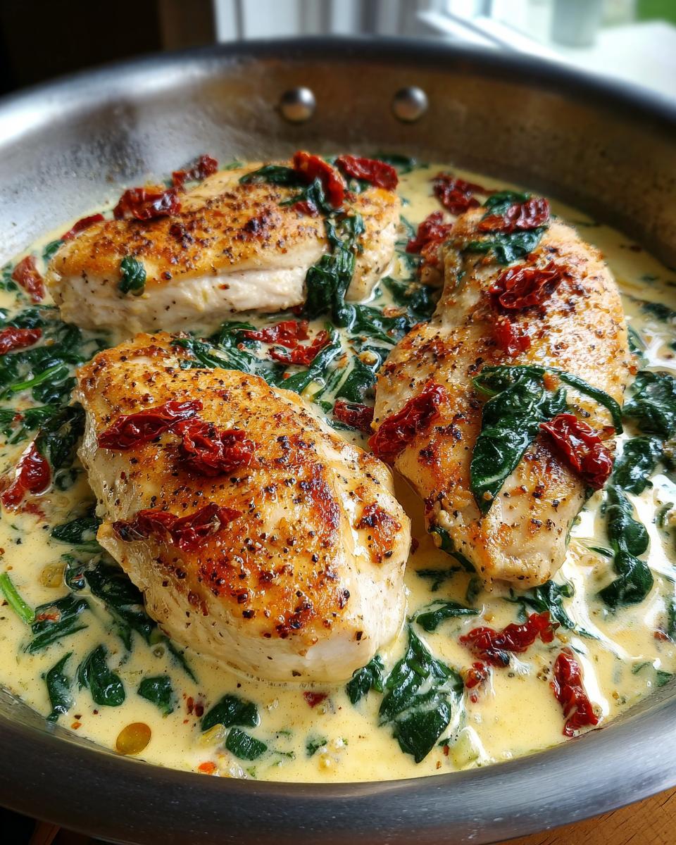 Three seared chicken breasts simmering in a rich, creamy sauce with spinach and sun-dried tomatoes for creamy tuscan chicken.