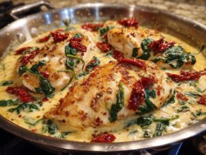 Three seared chicken breasts simmering in a rich, creamy Tuscan sauce with spinach and sun-dried tomatoes, making creamy tuscan chicken.