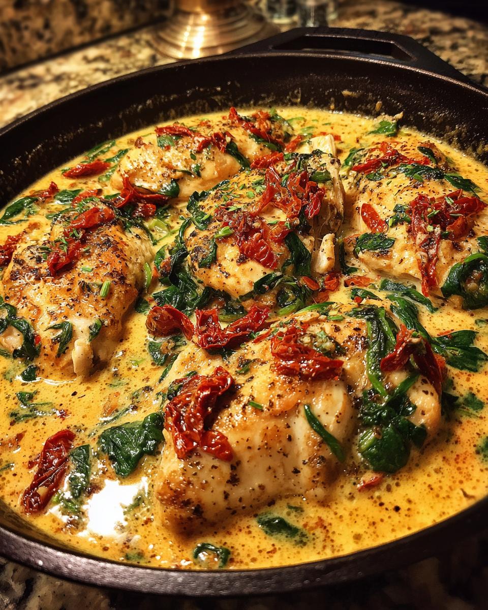Four seared chicken breasts simmered in a rich, creamy Tuscan sauce with spinach and sun-dried tomatoes, featuring the creamy tuscan chicken.