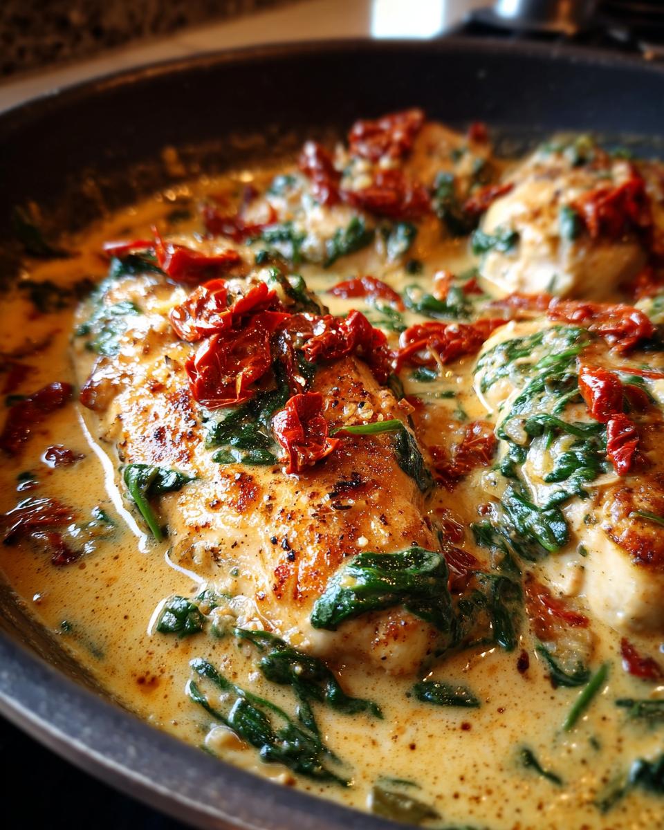 Close-up of seared chicken breasts simmering in a rich, creamy sauce with spinach and sun-dried tomatoes for creamy tuscan chicken.