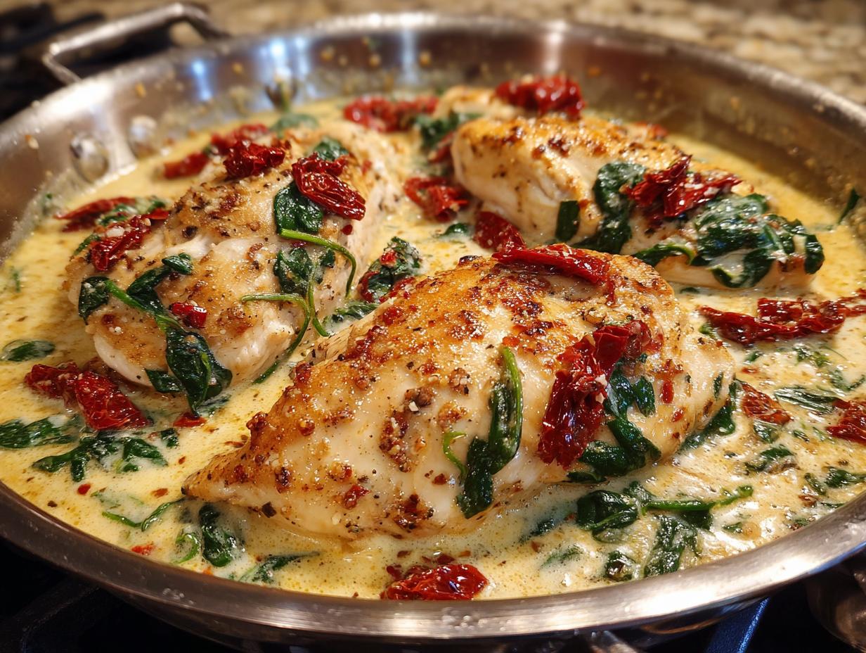 Three seared chicken breasts simmering in a rich, creamy Tuscan sauce with spinach and sun-dried tomatoes, making creamy tuscan chicken.