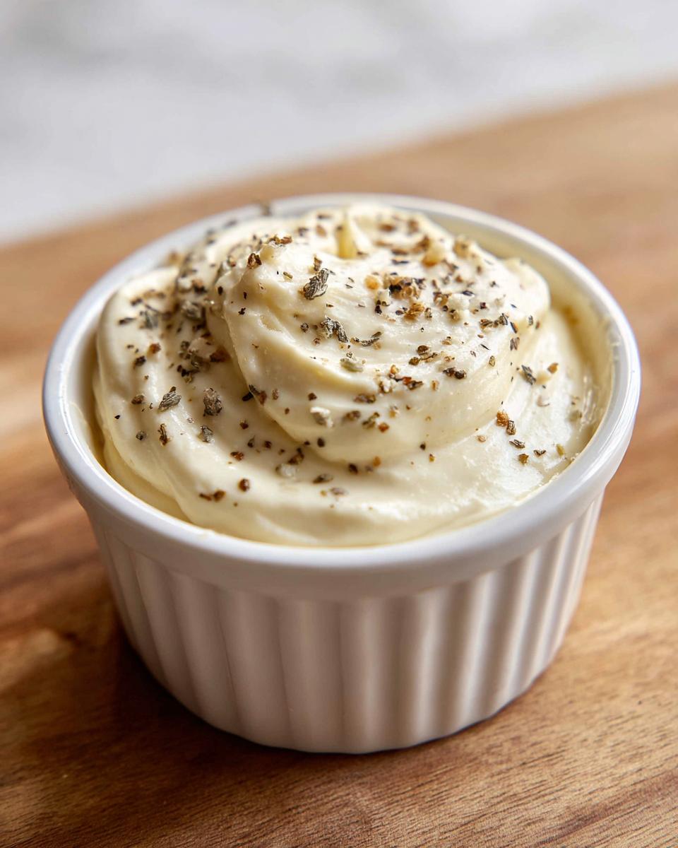 A small white ramekin filled with thick, creamy white pizza sauce, topped with dried herbs and spices.