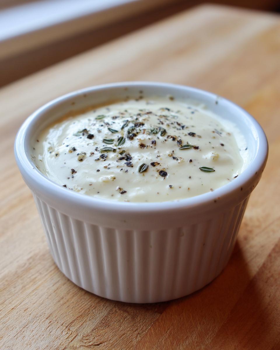 A close-up of creamy white pizza sauce seasoned with pepper and thyme in a small white ramekin.