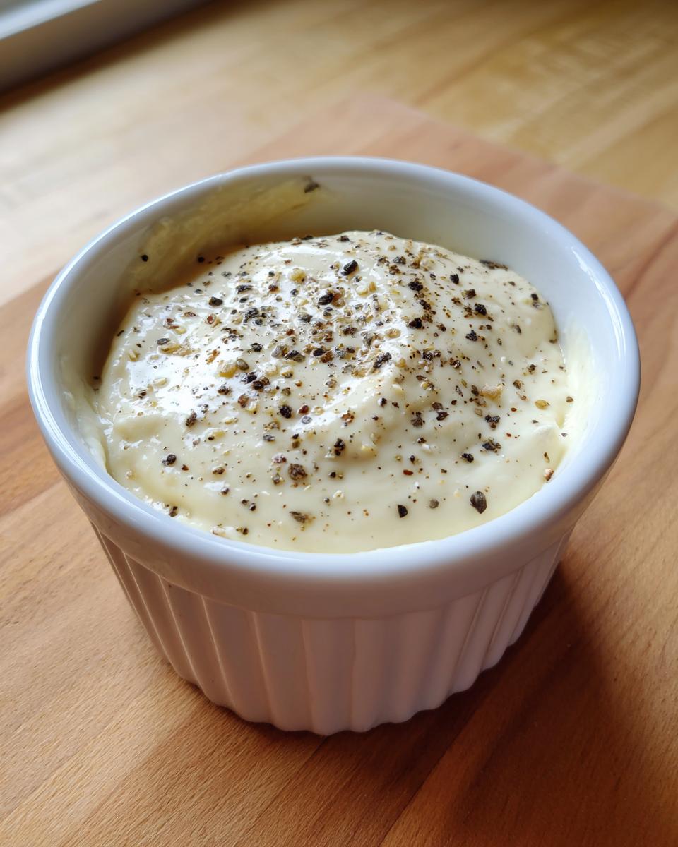 A small white ramekin filled with creamy white pizza sauce, topped generously with cracked black pepper.