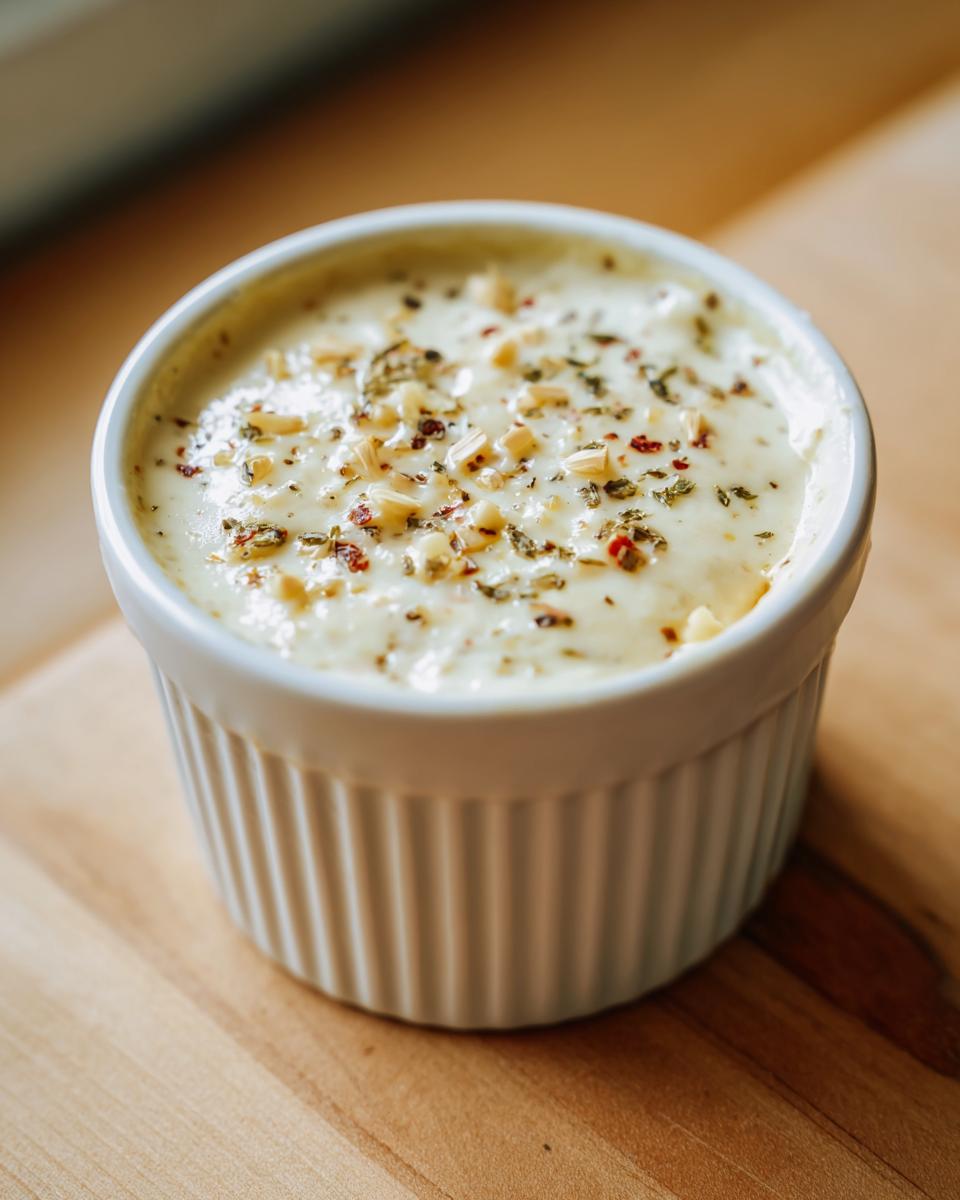A small white ramekin filled with creamy white pizza sauce, topped with minced garlic and dried herbs.