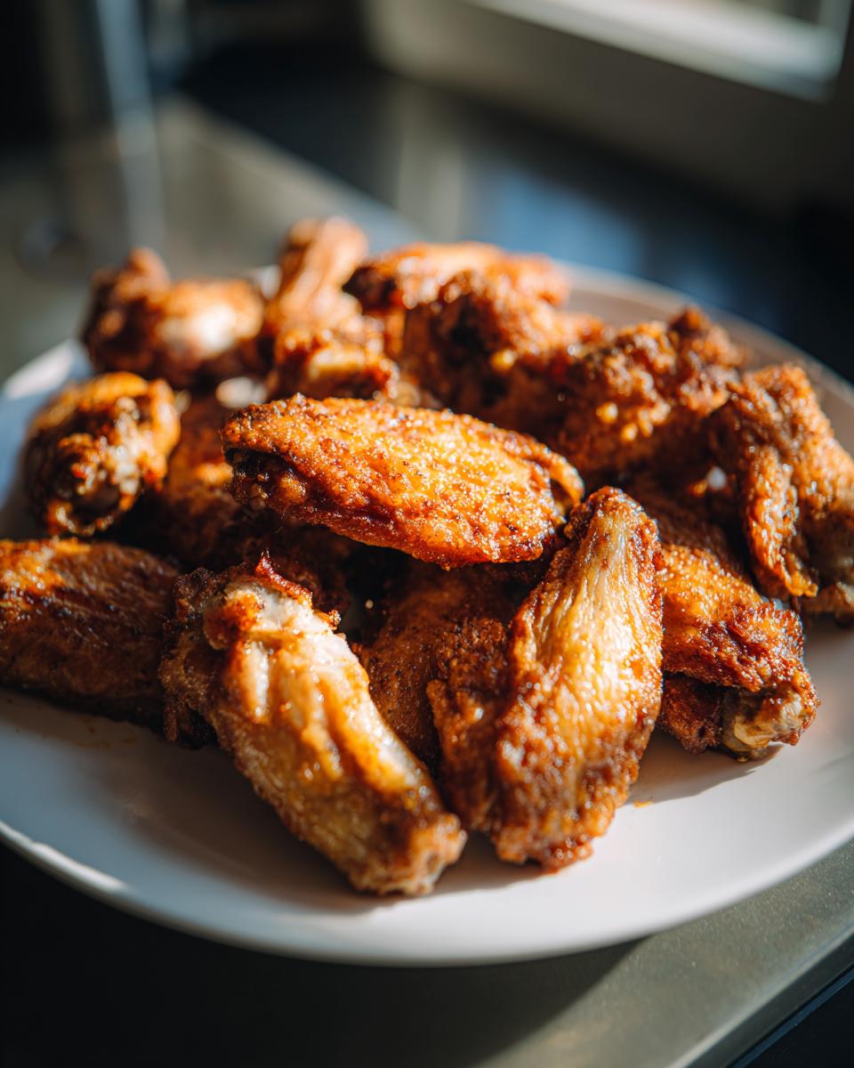 A pile of perfectly crispy, golden-brown baked chicken wings served on a white plate.