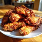 A mound of golden brown, crispy baked chicken wings piled high on a white plate, glistening under natural light.