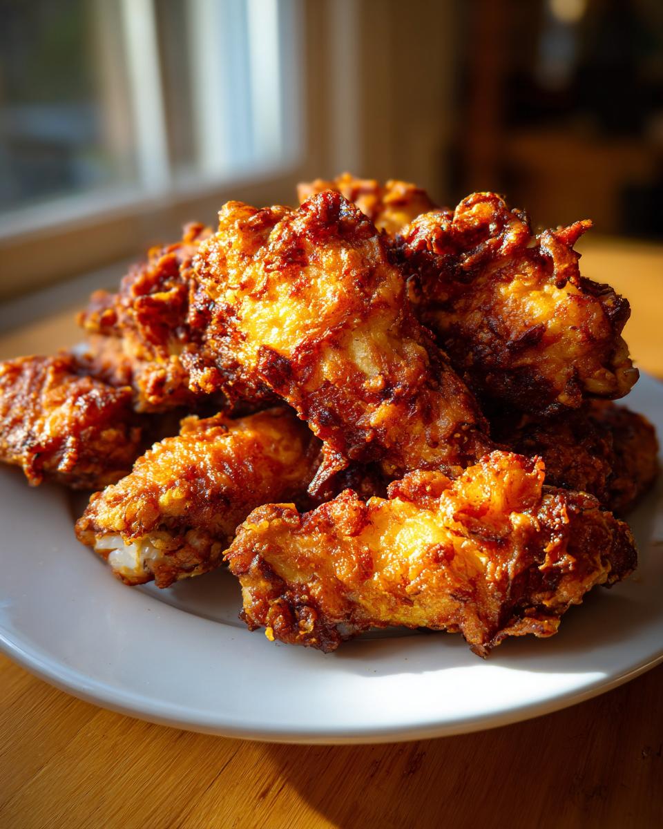A mound of golden brown, crispy baked chicken wings piled high on a white plate, catching the sunlight.