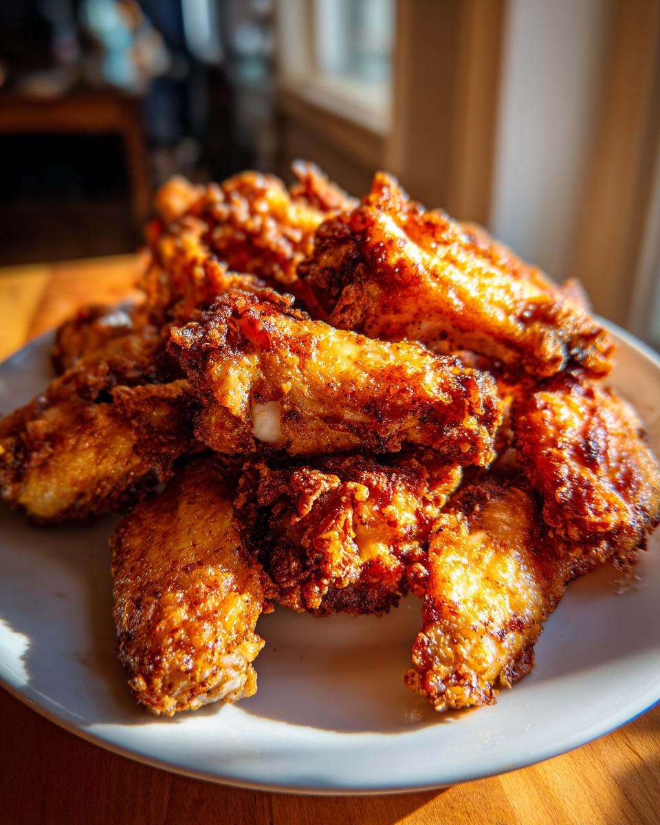 A pile of golden brown, crispy baked chicken wings stacked high on a white plate.