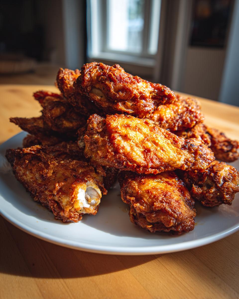 A close-up of a pile of golden brown, crispy baked chicken wings on a white plate.