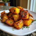 A close-up of perfectly crispy, golden brown breakfast potatoes seasoned and garnished with fresh chopped parsley.