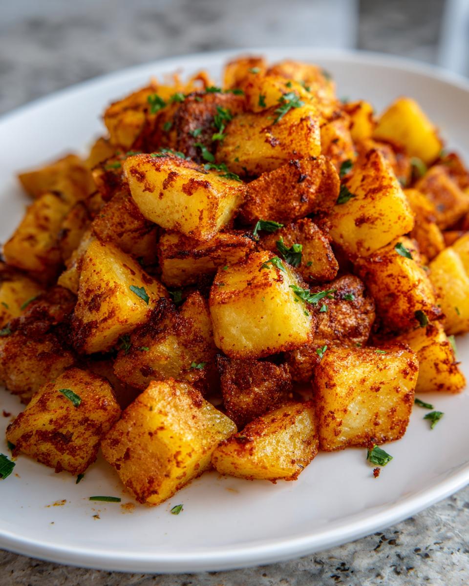 Close-up of perfectly crispy, golden brown breakfast potatoes seasoned with spices and garnished with parsley.