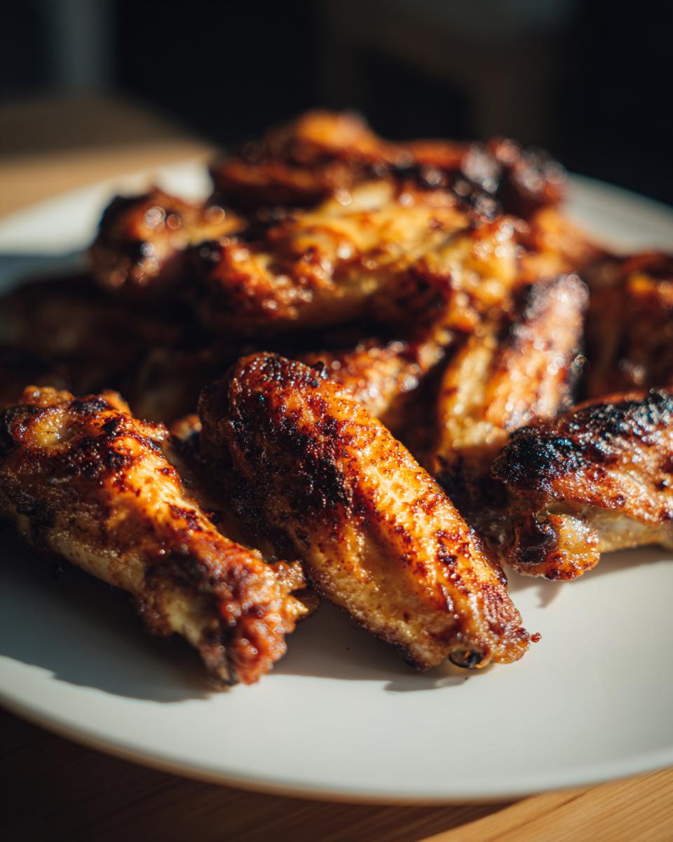 Close-up of perfectly cooked, crispy chicken wing pieces piled high on a white plate, showing charred edges.
