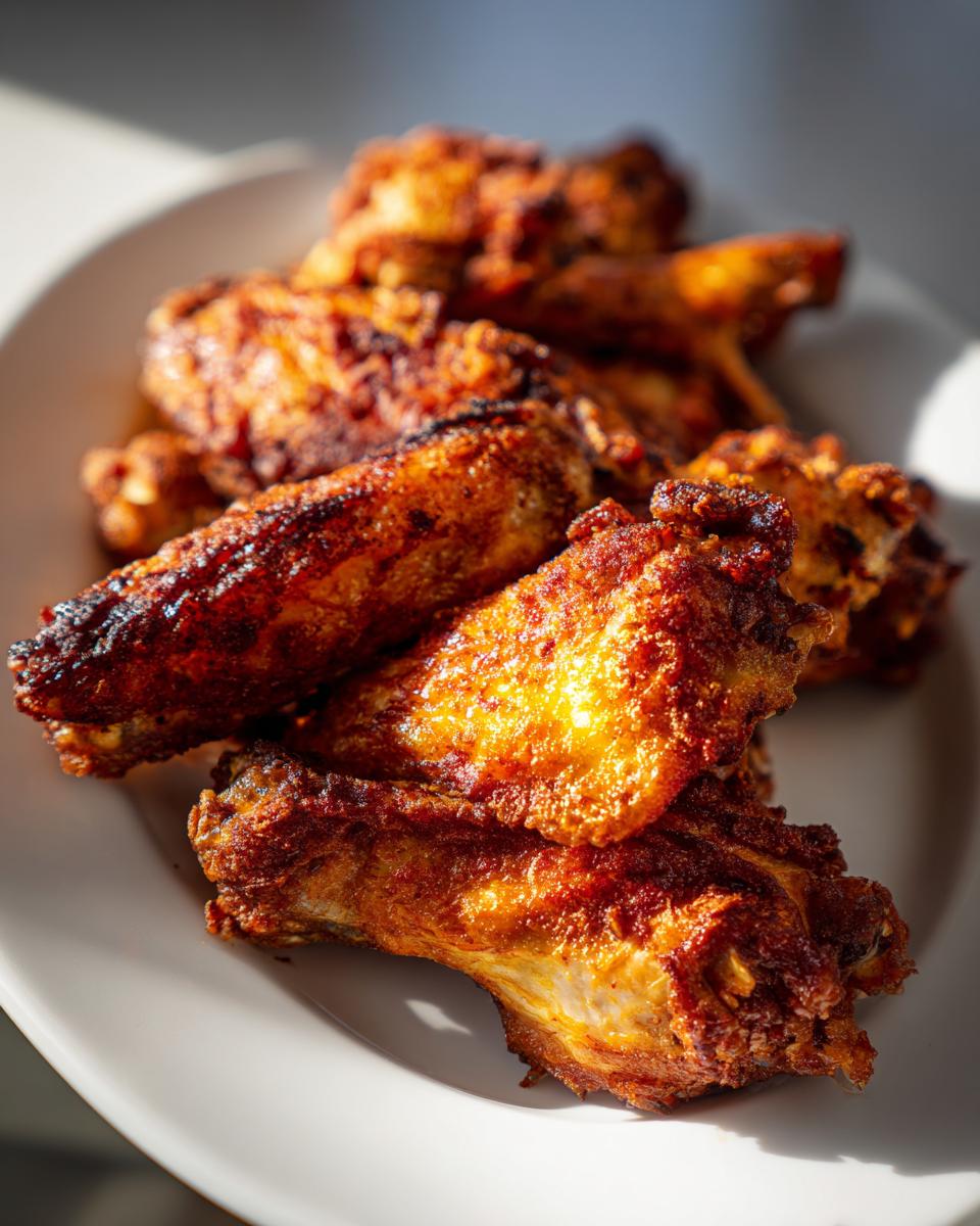 A close-up of several perfectly crispy, golden-brown chicken wing pieces piled on a white plate.