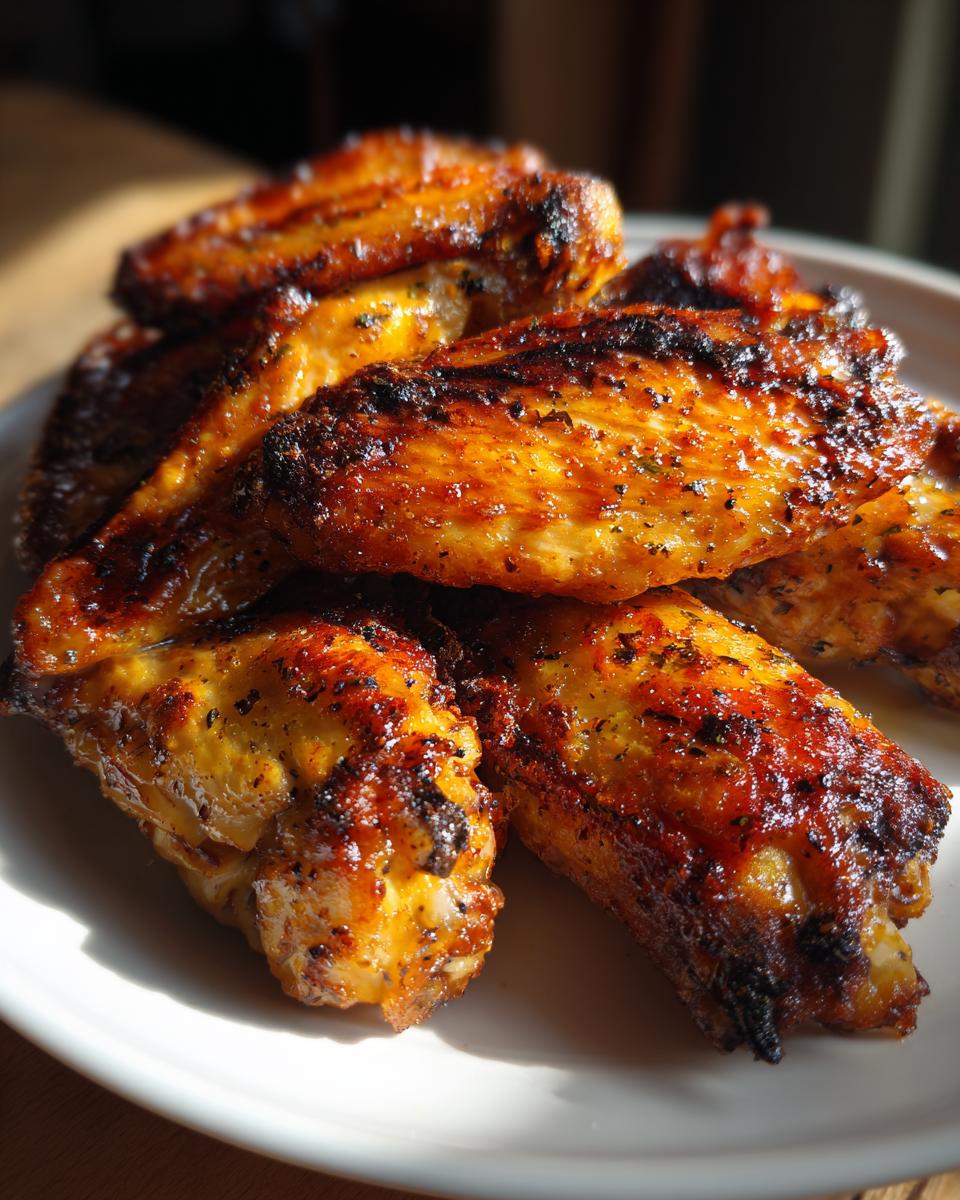 Close-up of several perfectly cooked, crispy chicken wing pieces with a golden-brown, slightly charred glaze.