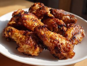 A close-up of several perfectly cooked, crispy chicken wing pieces piled on a white plate under bright sunlight.