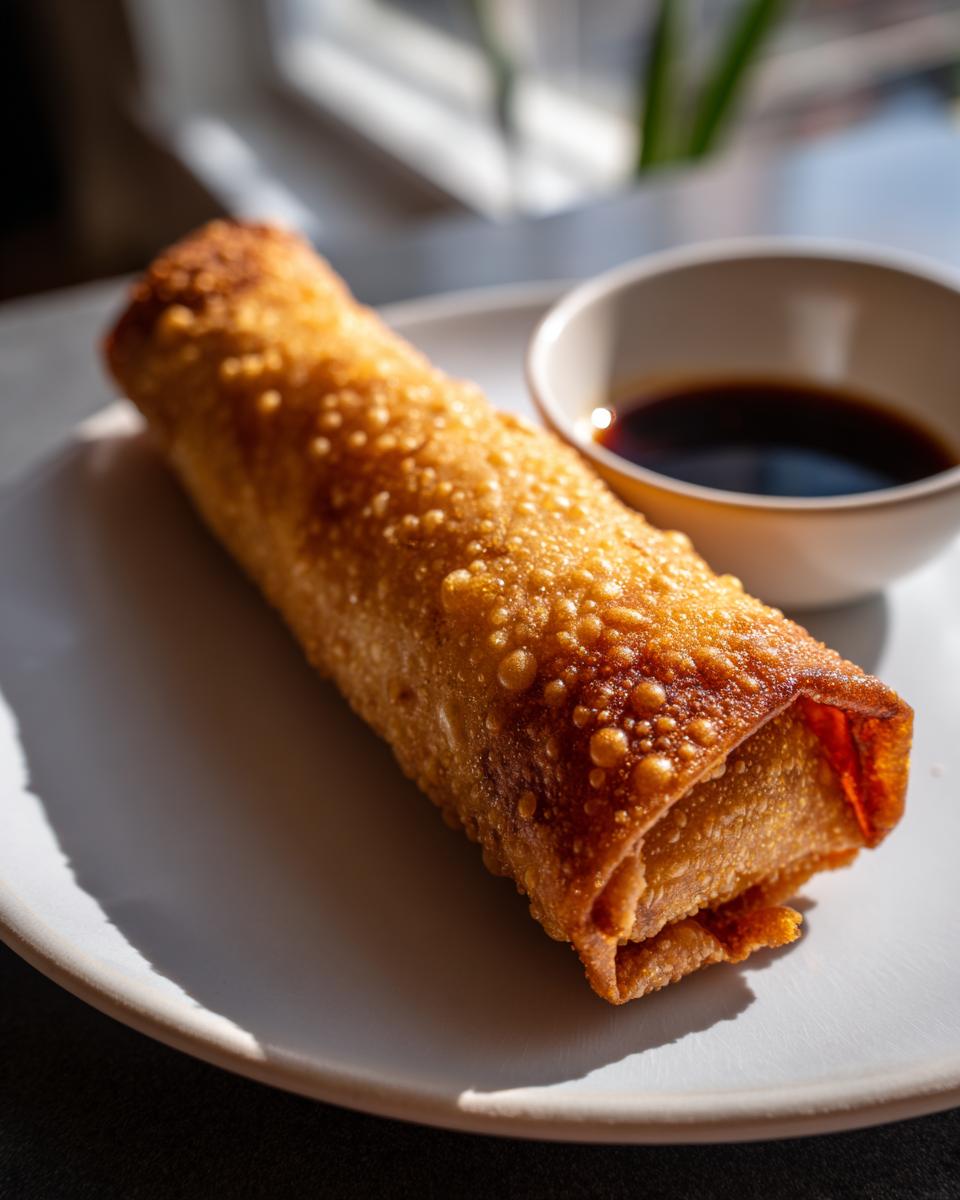 A single, perfectly golden and crispy egg roll resting on a white plate next to a small bowl of dark dipping sauce.