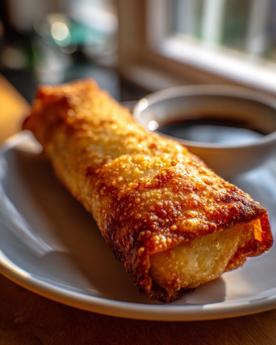 Close-up of a perfectly golden and crispy egg roll resting on a white plate next to a small bowl of dark dipping sauce.