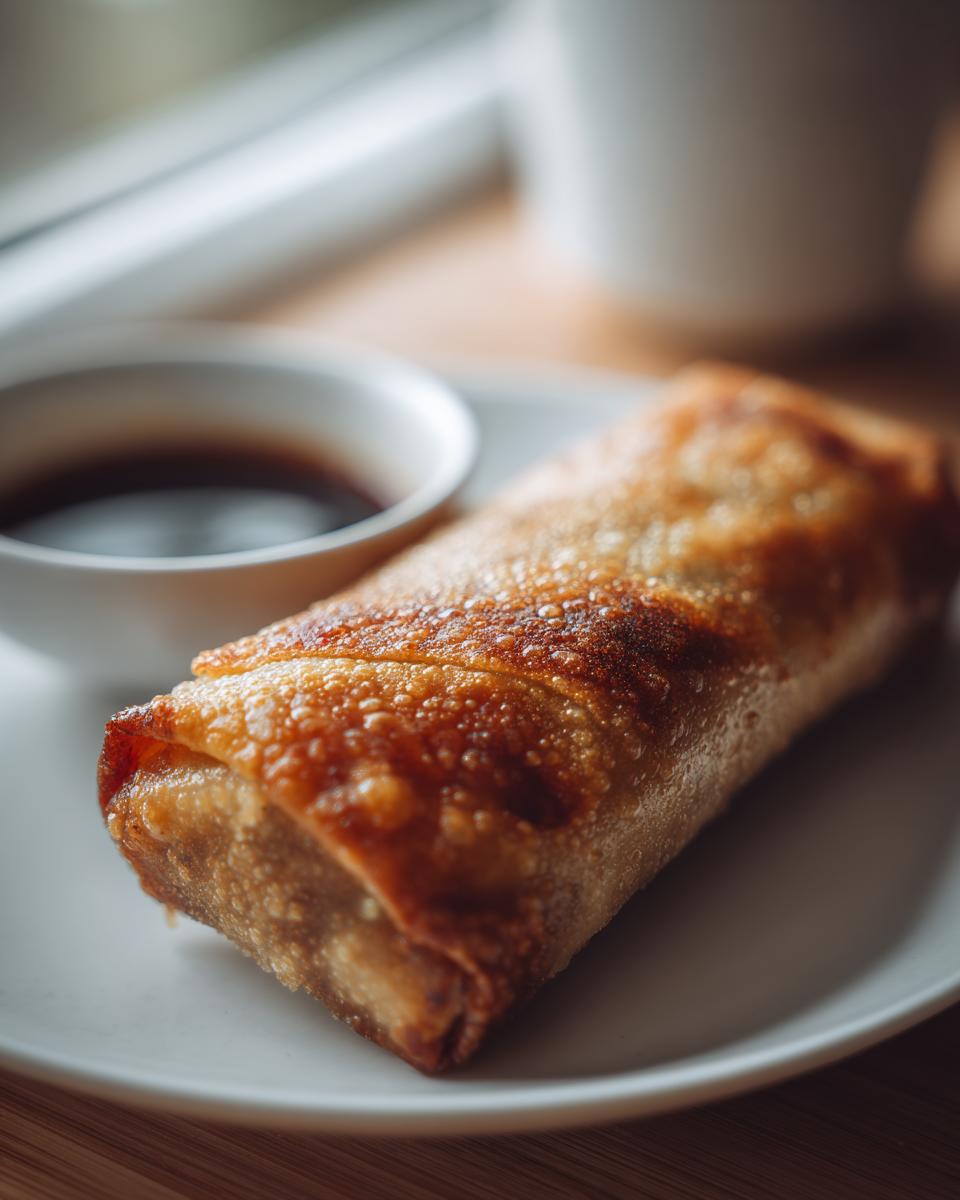 Close-up of a perfectly golden and crispy egg roll resting on a white plate next to a small bowl of dark dipping sauce.